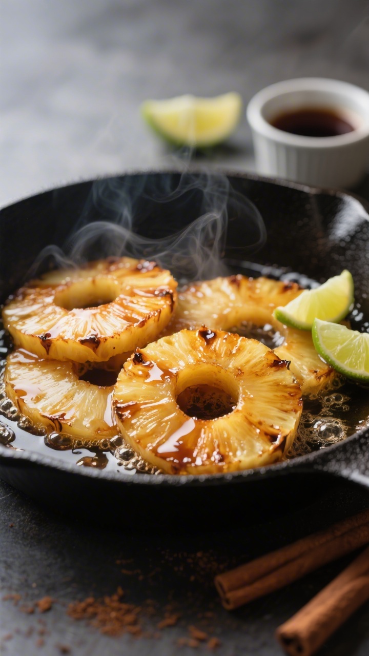 Caramelized Pineapple - A Quick, Juicy Dessert with Golden Edges 2 Close-up detail: Caramelized pineapple rings sizzling in a black cast-iron skillet, deep golden-brow