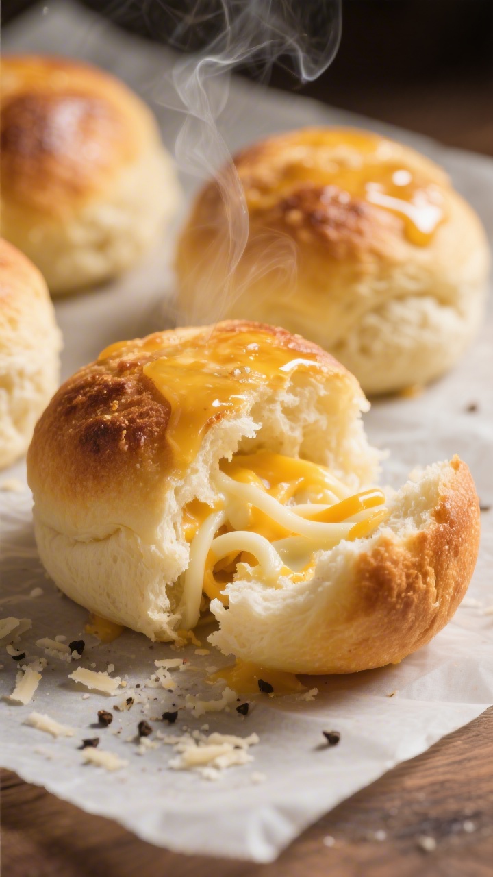 Close-up detail: Freshly baked Cheese Egg Cloud Keto Bread mounds on parchment, golden, slightly bli