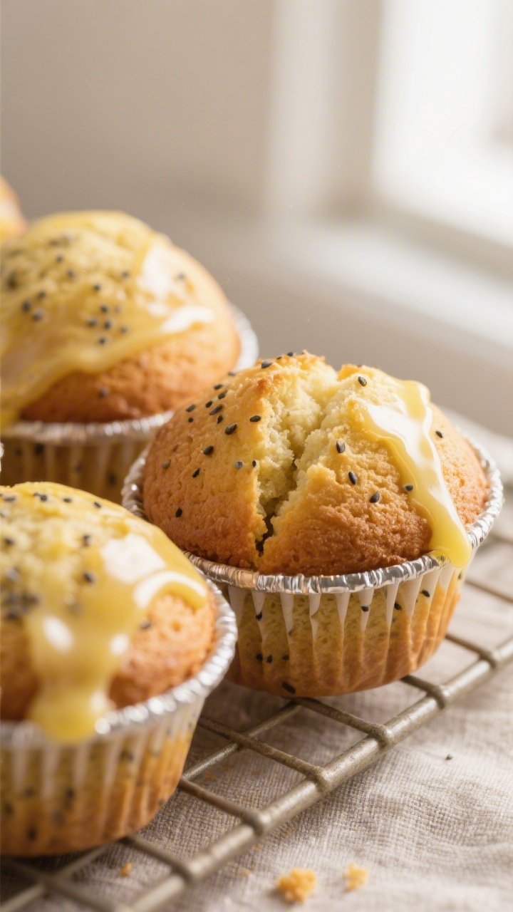 Lemon Poppy Seed Muffins – Bright, Tender, and Easy 2 Close-up detail: Freshly baked lemon poppy seed muffins just out of the tin, domed golden tops with