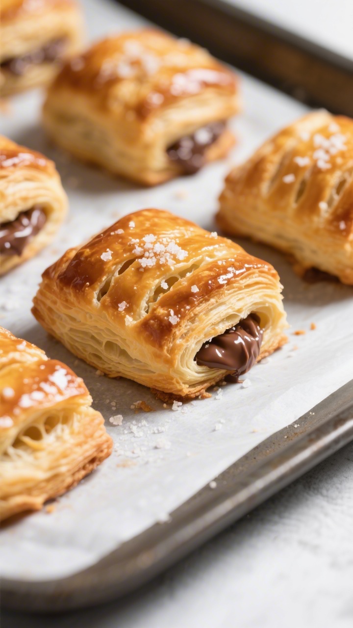 Close-up detail: Freshly baked Nutella puff pastry bites just out of the oven on a parchment-lined t