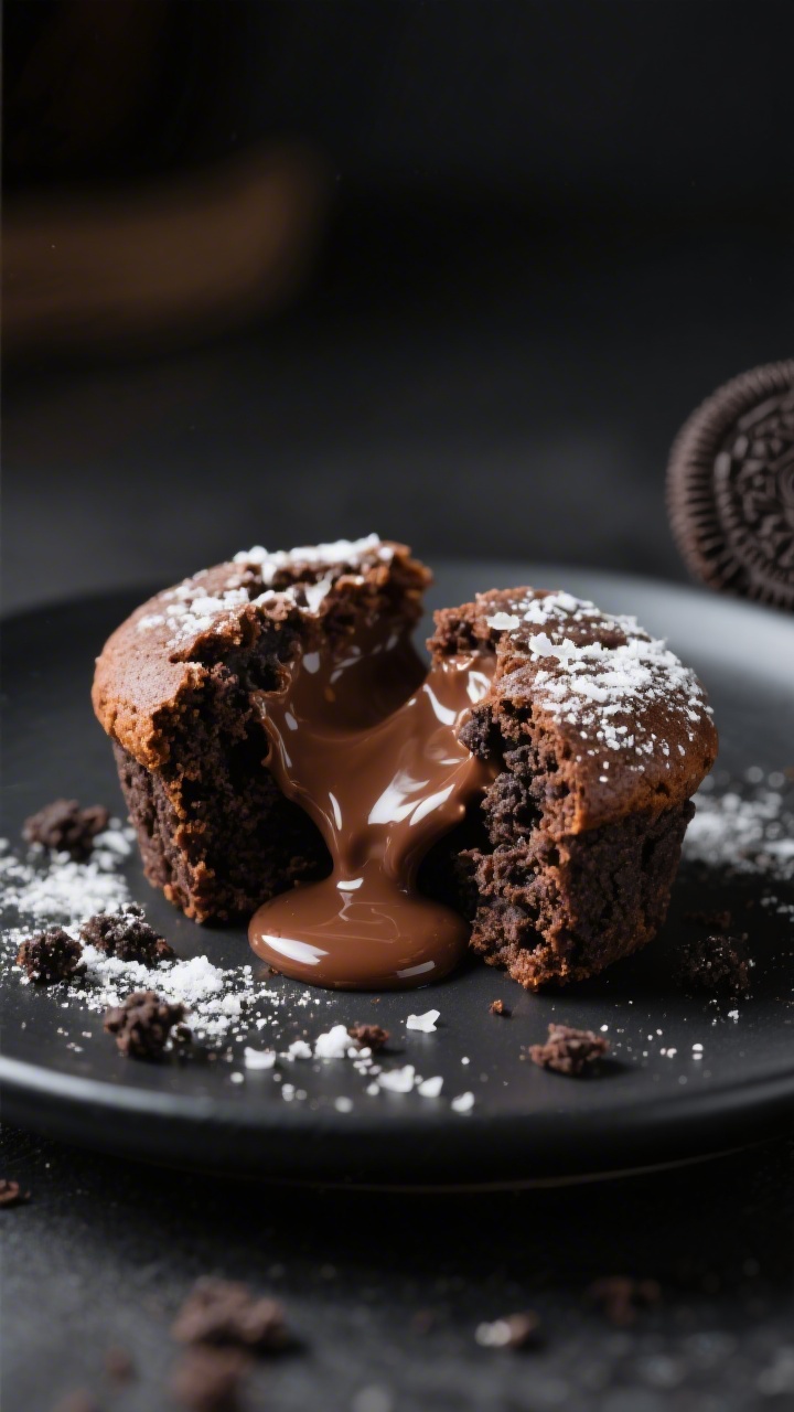 Close-up detail: Freshly baked Oreo Nutella lava bite split open on a small matte black plate, gooey