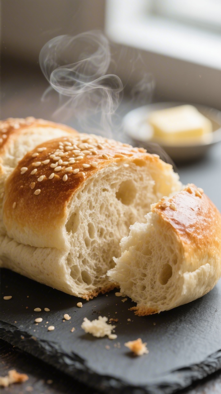Close-up detail: Freshly baked psyllium husk keto roll torn open to reveal a soft, chewy, springy cr
