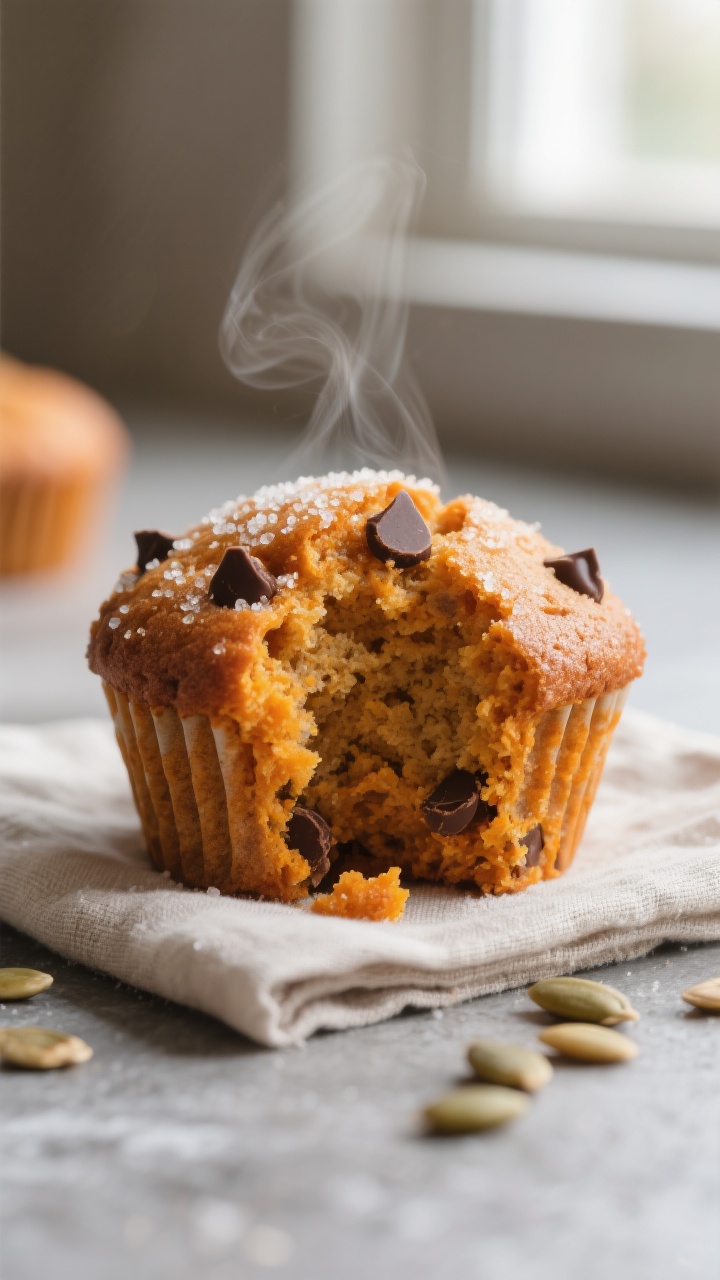 Close-up detail: Freshly baked pumpkin spice muffin torn open to reveal a moist, tender crumb with v