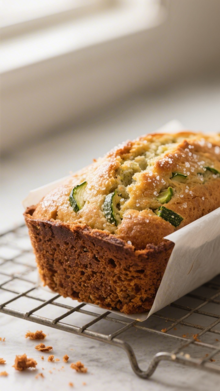 Close-up detail: Freshly baked zucchini bread loaf just out of the pan, golden domed top with a ligh
