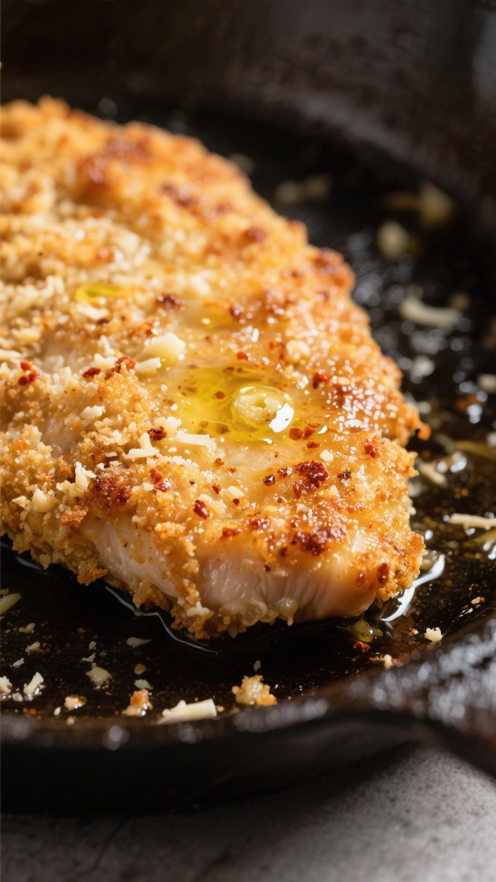 Garlic Parmesan Crusted Chicken - Crispy, Juicy, and Packed With Flavor 2 Close-up detail: Garlic Parmesan crusted chicken cutlet just seared, golden-brown crust glistening w