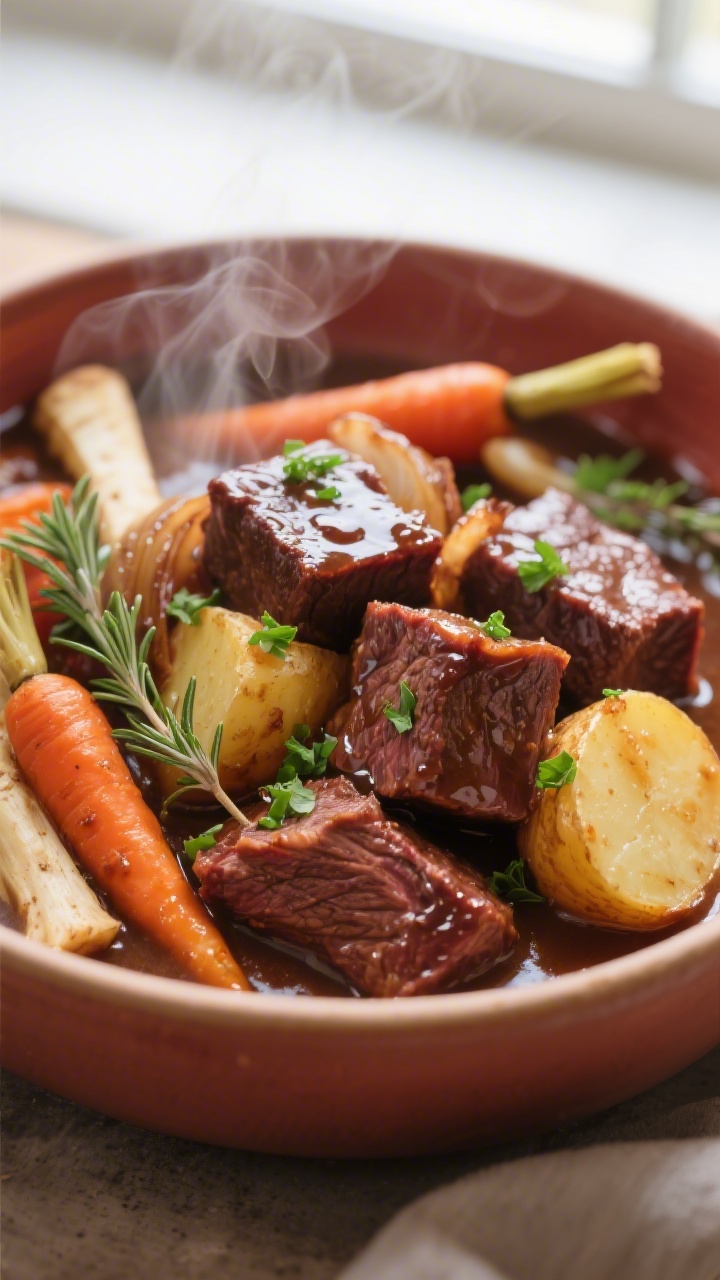 Close-up detail: Glossy cubes of slow-cooked chuck roast nestled among tender carrots, parsnips, and