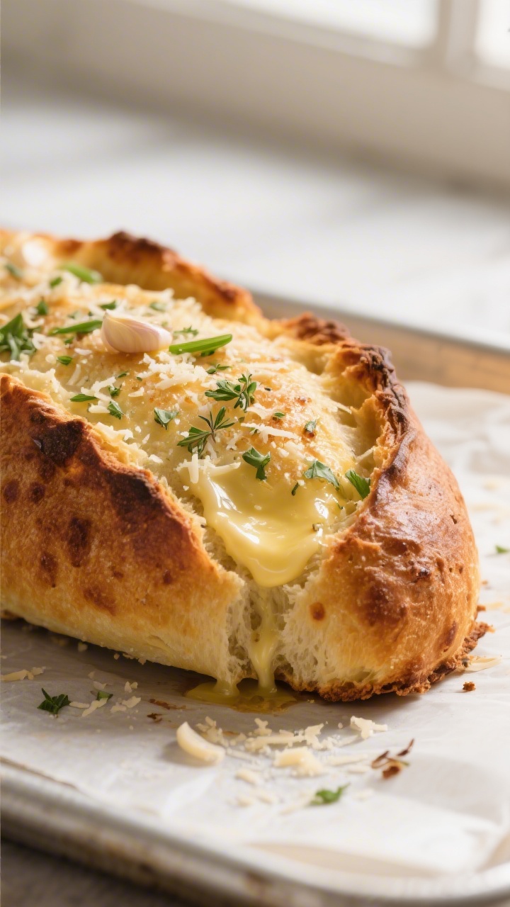 Close-up detail: Golden-brown Garlic Herb Bread just out of the oven, edges crisp and blistered from