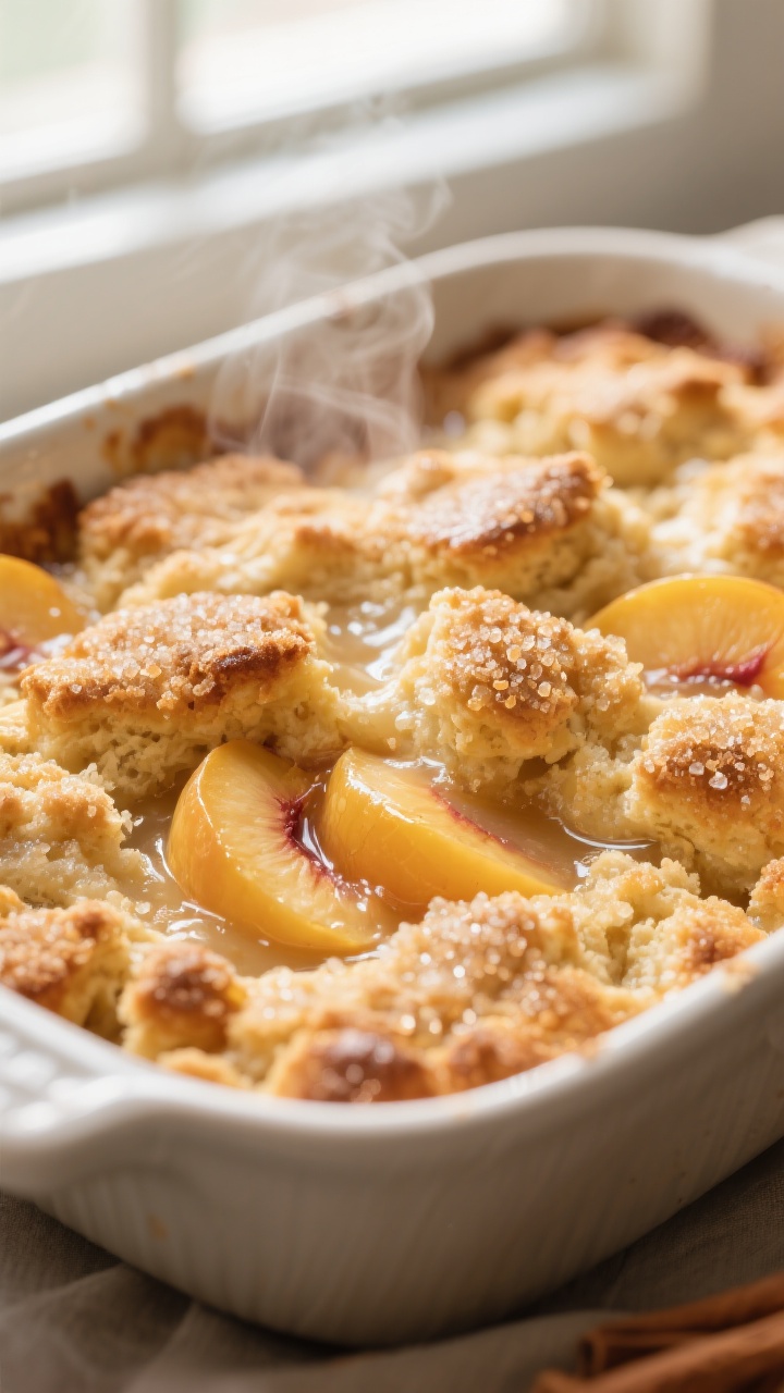 Close-up detail: Golden, buttery cobbler topping just out of the oven with bubbling peach juices pee