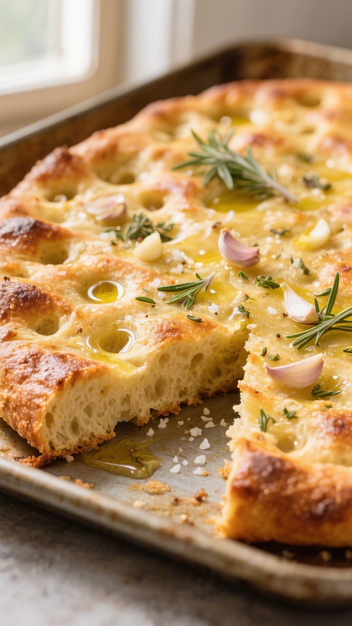 Garlic Herb Focaccia - Soft, Fragrant, and Perfect for Sharing 2 Close-up detail: Golden garlic-herb focaccia just out of the oven, edges deeply crisp and caramelize