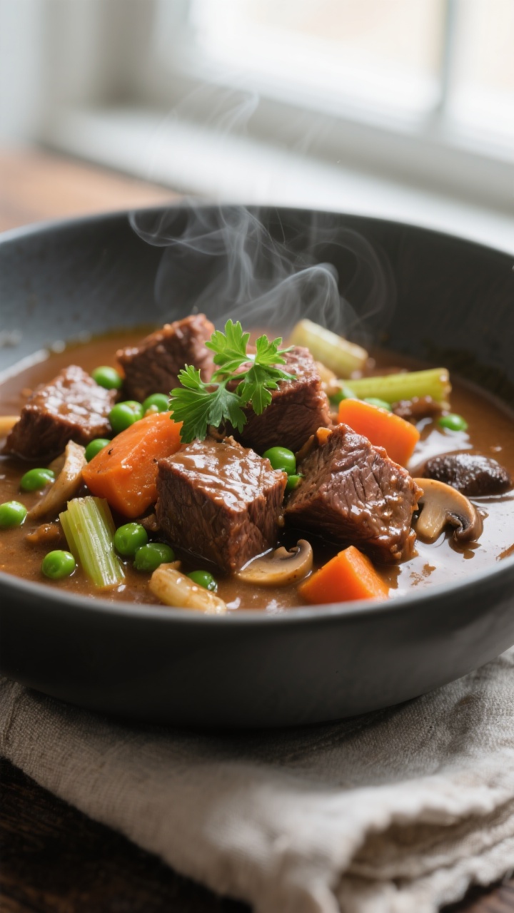 Beef Casserole - A Cozy, Hearty Family Favorite 2 Close-up detail: Melt-in-your-mouth cubes of browned beef chuck nestled in a silky, glossy gravy wit