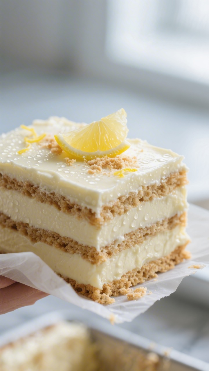 Close-up detail of a chilled lemonade icebox cake slice just lifted from the parchment-lined pan, sh