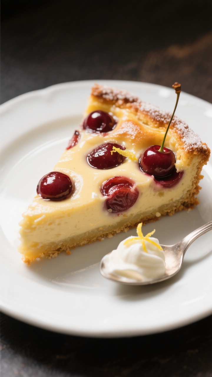 Close-up detail of a warm slice of cherry clafoutis on a small white plate, showing the custard’s 
