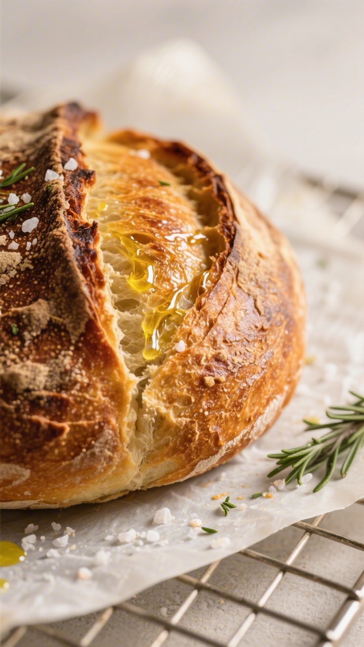 Close-up detail of freshly baked olive oil bread just out of the oven, deep golden crust with fine b