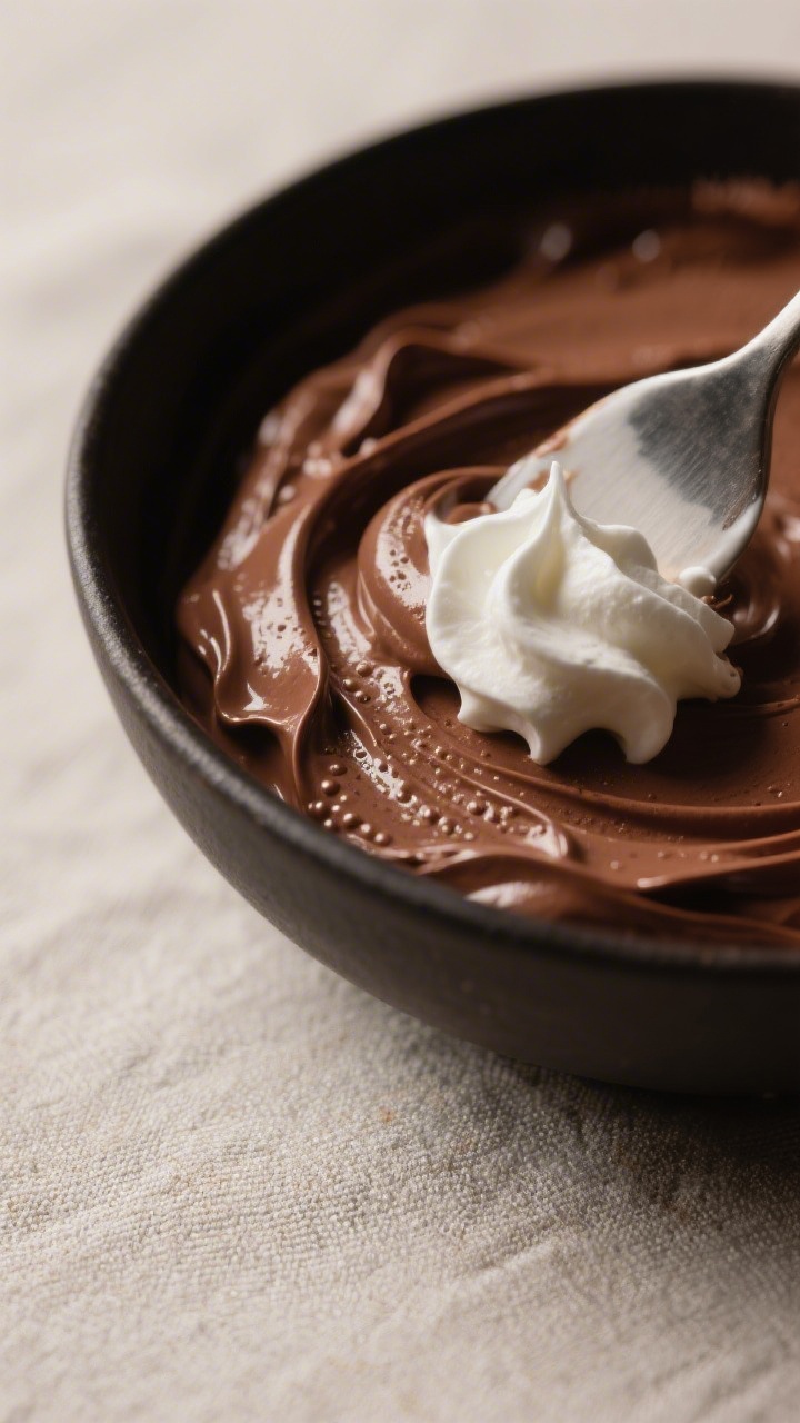 Close-up detail of silky chocolate mousse mid-fold: a spatula gently sweeping through an airy, gloss