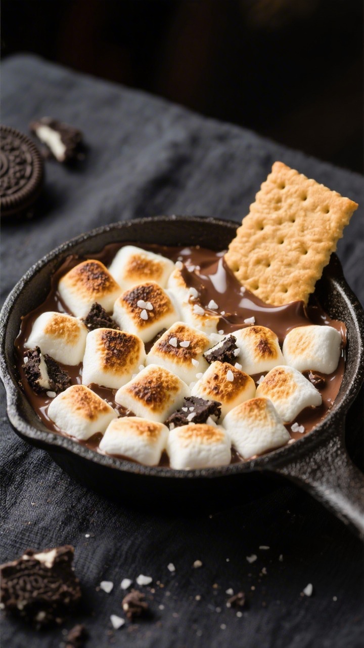 Close-up detail of the just-broiled Oreo s’mores dip in a small cast-iron skillet: golden, blister