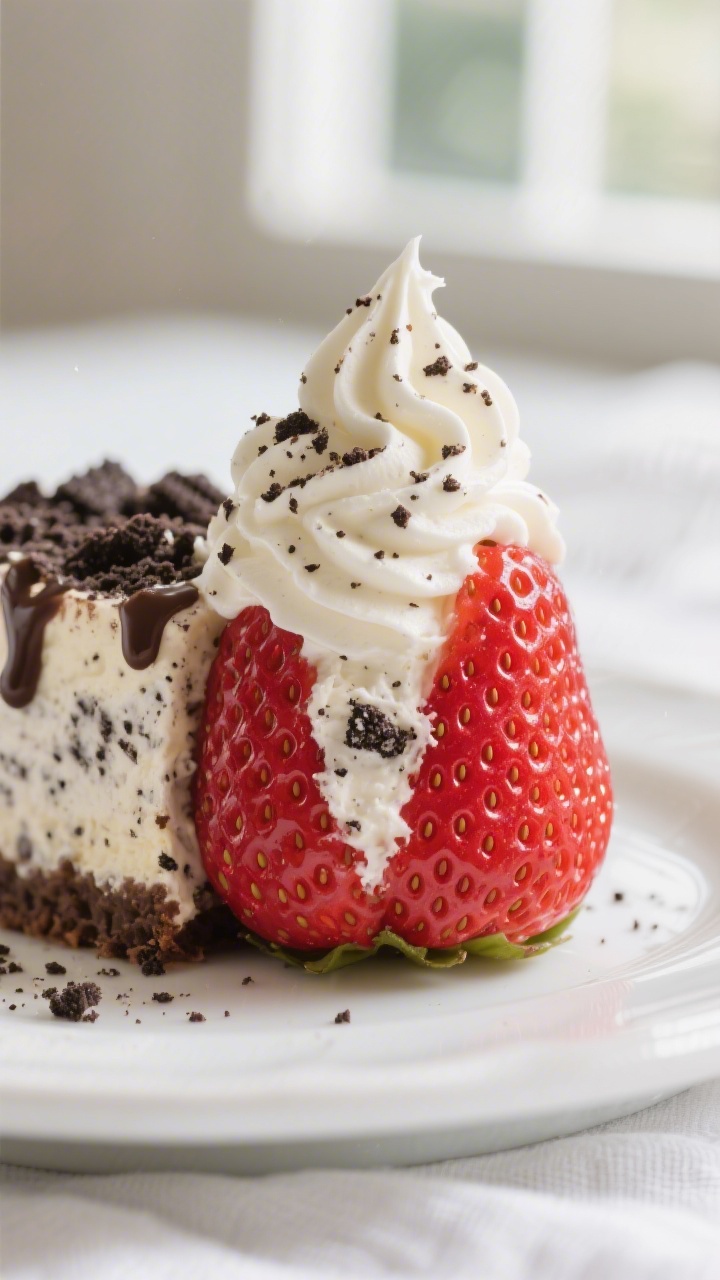 Close-up detail: Oreo cheesecake–stuffed strawberries after piping, creamy cookies-and-cream filli