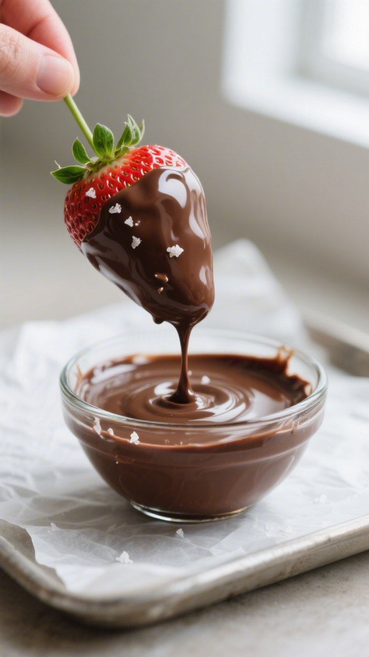 Close-up detail shot: A freshly dipped chocolate-covered strawberry held by its green top just above