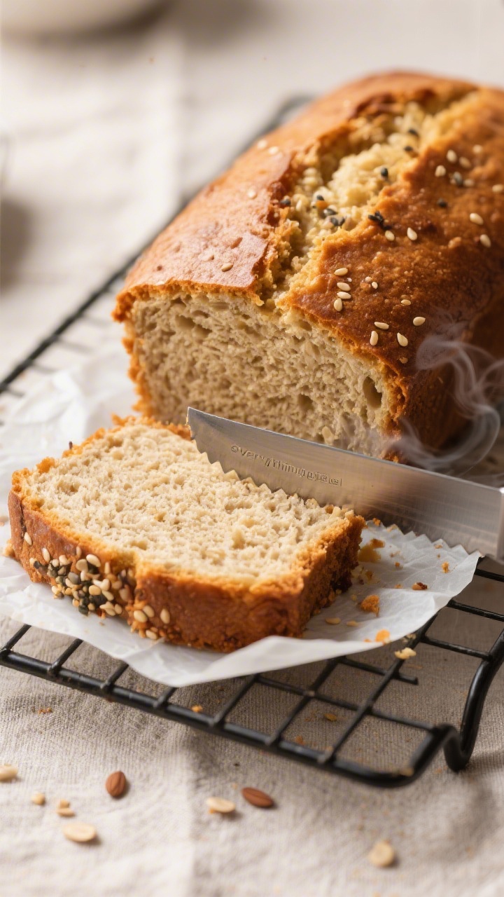 Close-up detail shot: A just-baked almond flour keto loaf cooling on a wire rack, golden-brown top w