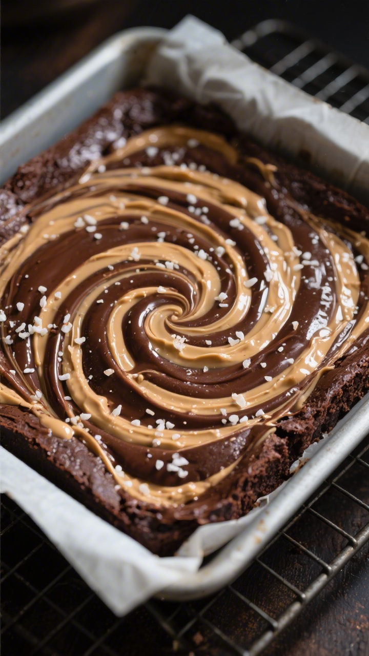 Close-up detail shot: A just-baked pan of Peanut Butter Nutella Swirl Brownies cooling on a wire rac