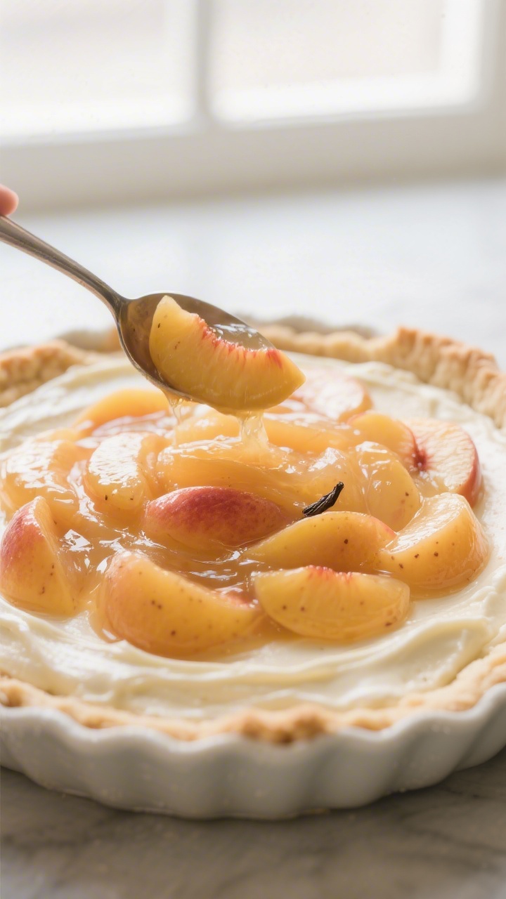 Close-up detail shot: A thick, glossy layer of cooked peach compote being spooned evenly over the fi