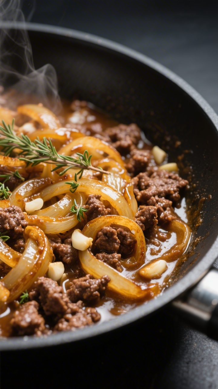 Close-up detail shot: Deep-golden, jammy caramelized onions mingled with browned ground beef in a wi
