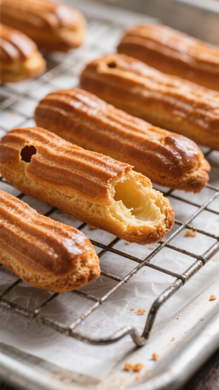 Close-up detail shot: freshly baked éclair shells on a wire rack, deep golden-brown and evenly ridg
