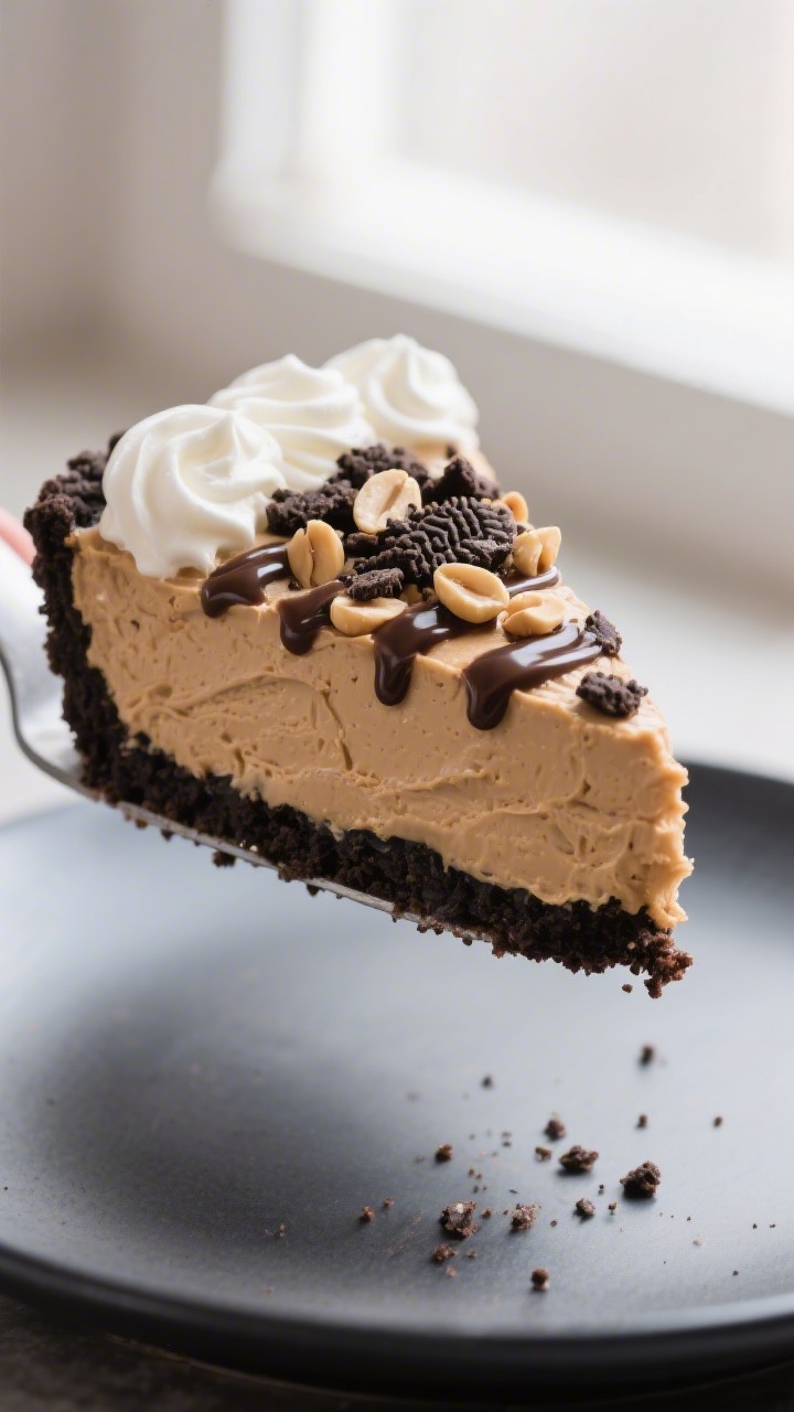 Close-up detail shot of a chilled slice of No Bake Oreo Peanut Butter Pie being lifted cleanly from 
