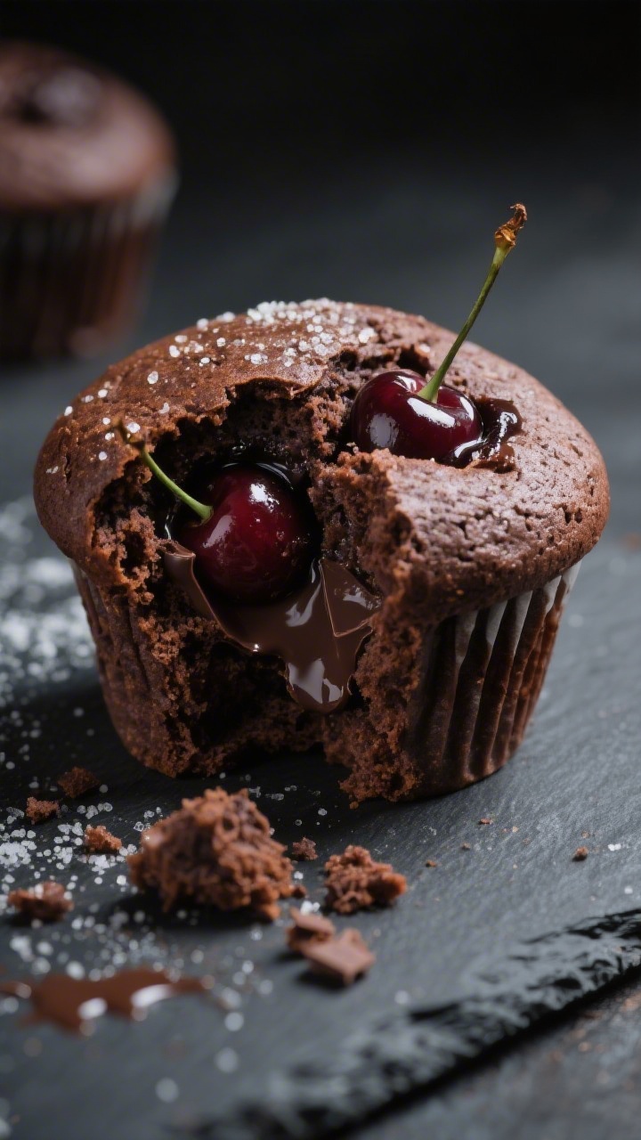 Dark Chocolate Cherry Muffins - Rich, Juicy, and Easy to Make 2 Close-up detail shot of a freshly baked dark chocolate cherry muffin torn open to reveal a tender, f