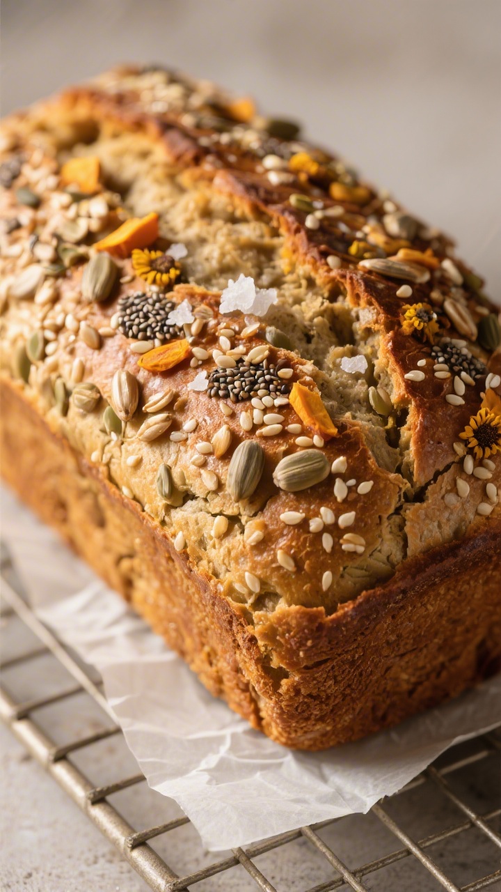 Close-up detail shot of a freshly baked gluten-free seeded bread loaf just out of the pan, crust dee