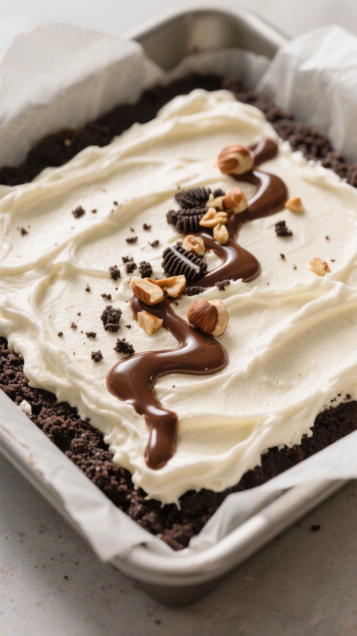 Close-up detail shot of a just-spread layer of Nutella-whipped cream filling over a compact Oreo bas