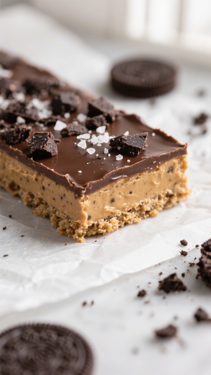 Close-up detail shot of a sliced No Bake Peanut Butter Oreo Bar just after chilling, showing the com