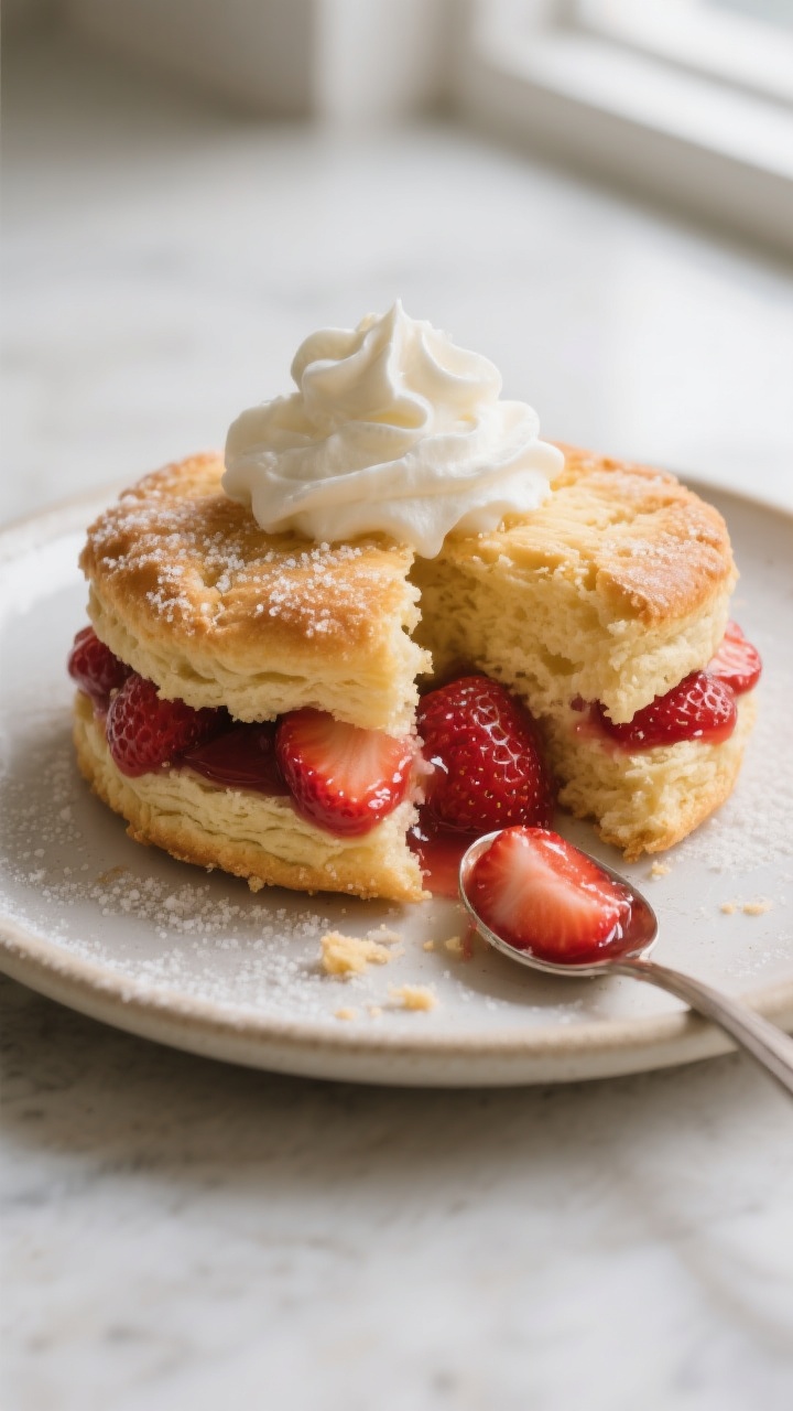 Close-up detail shot of a split strawberry shortcake biscuit just after baking and resting: golden, 