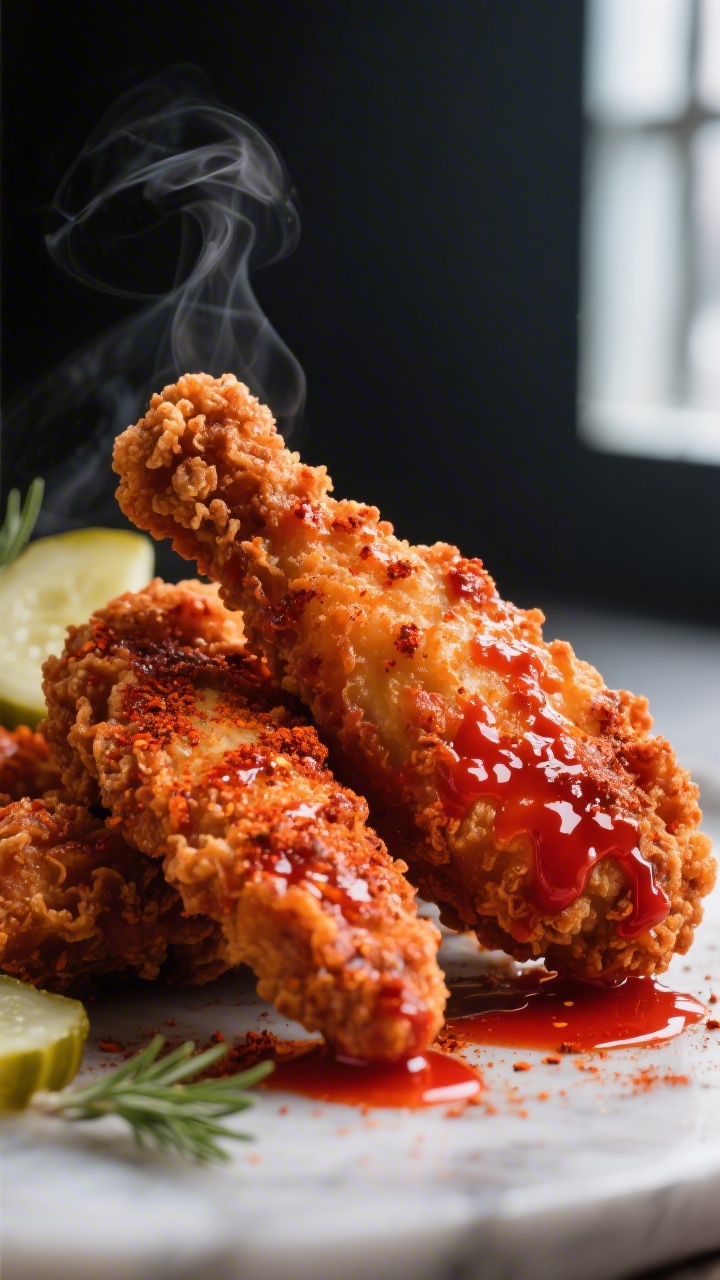 Close-up detail shot of freshly fried Nashville hot chicken tenders just brushed with deep-red cayen