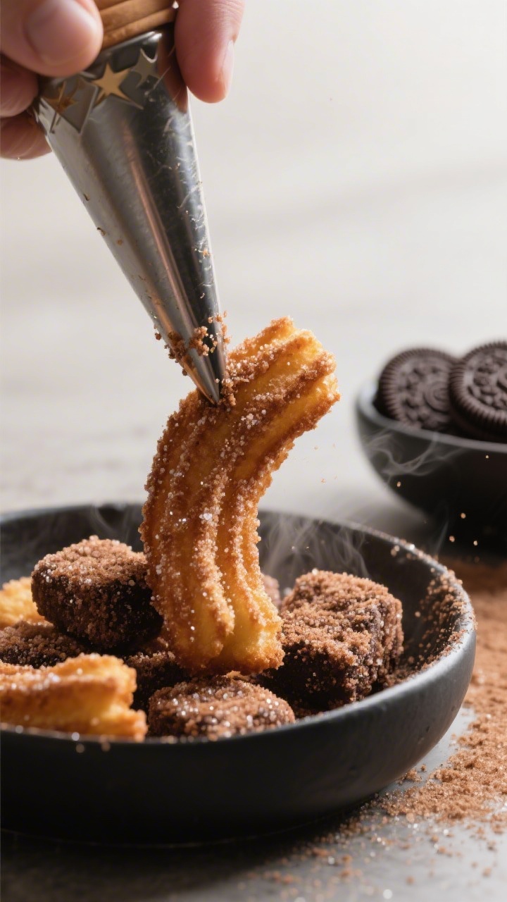Close-up detail shot of freshly fried Oreo churro bites just out of the oil, being rolled in the war