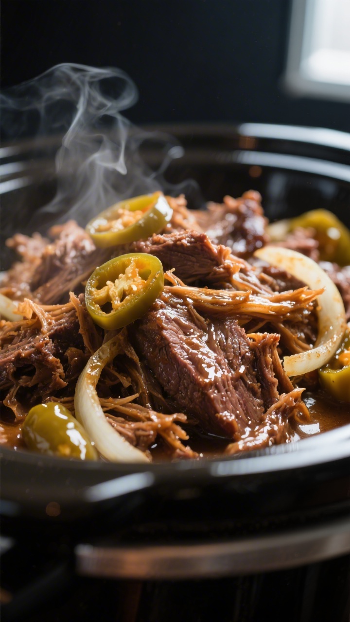 Close-up detail: Shredded Mississippi pot roast just returned to the slow cooker, glistening and sat
