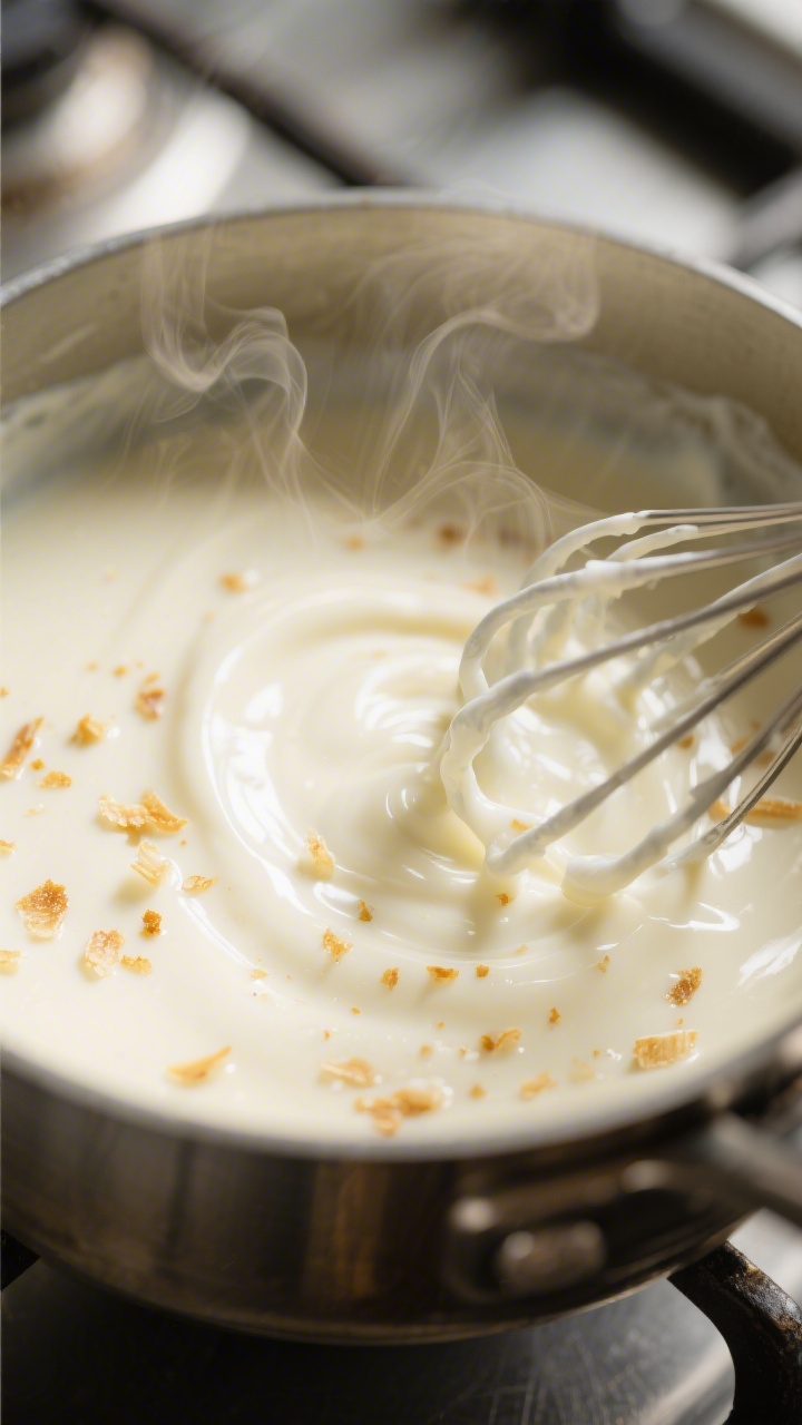Close-up detail: Silky coconut custard being whisked to a gentle bubble in a saucepan, thick and glo