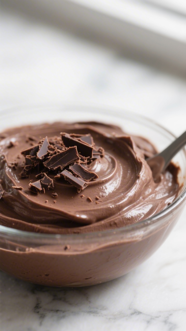 Close-up detail: Silky keto avocado chocolate mousse just blended to a perfectly smooth, pudding-lik