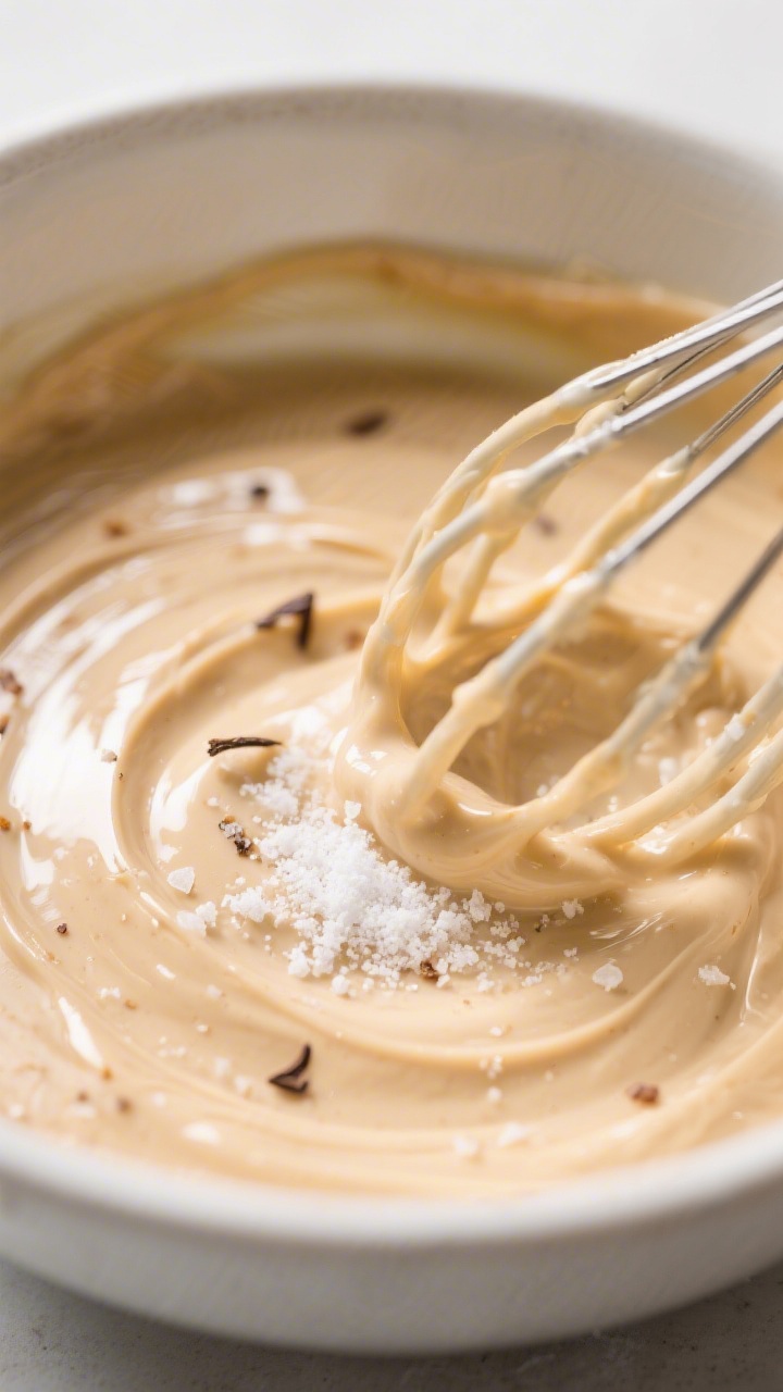 Close-up detail: Silky keto coconut cream fat bomb mixture being whisked in a bowl, showing a glossy