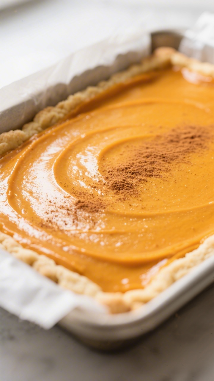 Pumpkin Pie Bars Recipe - Cozy, Crowd-Pleasing Fall Treat 2 Close-up detail: Silky pumpkin custard layer just set over a golden shortbread-style crust, captured