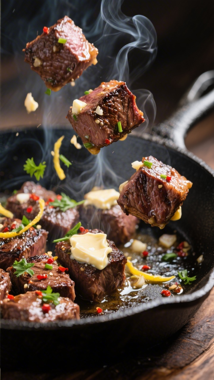 Close-up detail: Sizzling cowboy butter steak bites in a black cast-iron skillet mid-toss, showing d