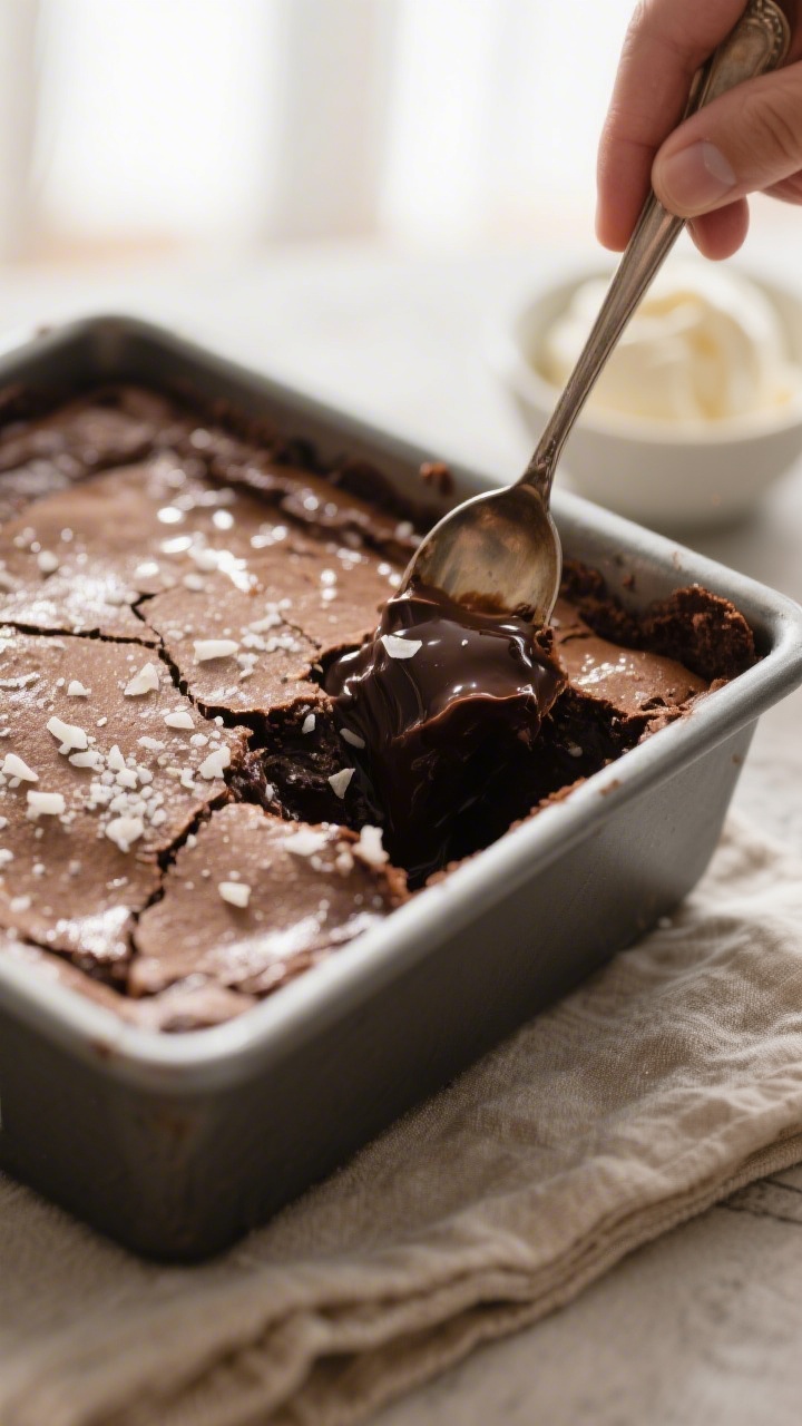 Close-up detail: Spoon breaking into a freshly baked brownie pudding in an 8-inch square pan, captur
