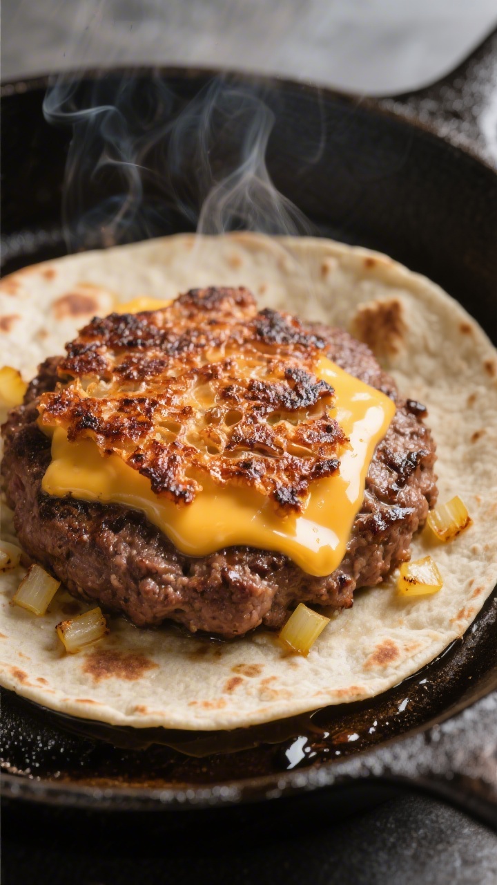 Close-up detail: Ultra-close shot of a smash burger taco base just after the flip, showing a deeply 