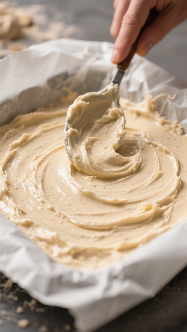 Close-up process shot: Thick, spreadable almond flour batter being smoothed into a parchment-lined