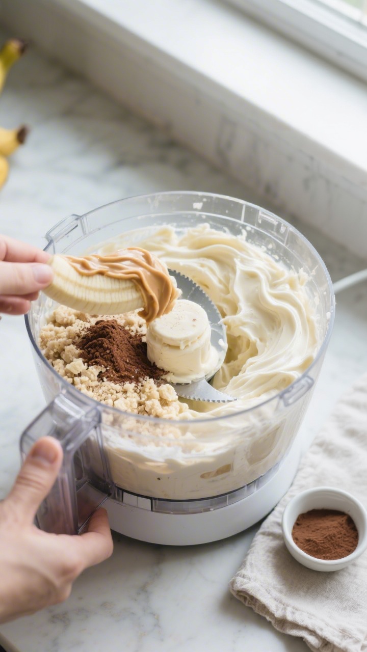 Cooking process — Banana ice cream transforming in the food processor: overhead shot of a transpar