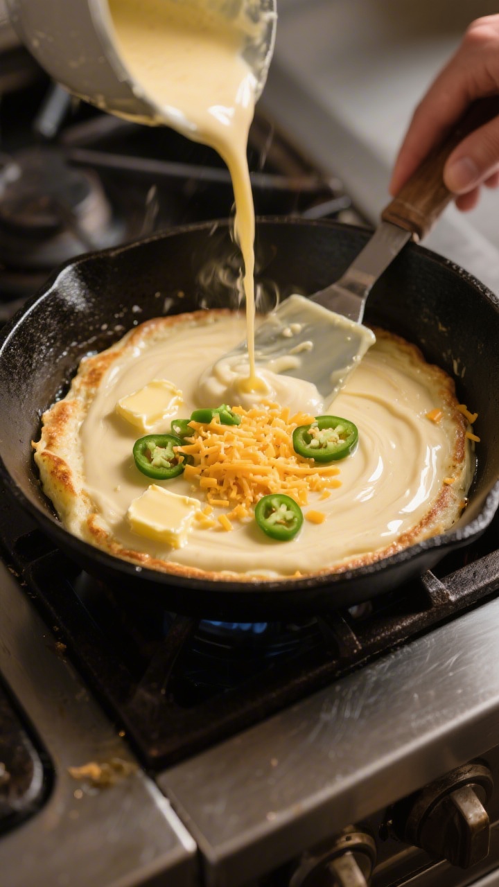 Cooking process: Batter being poured into a preheated, buttered cast-iron skillet, captured mid-swir