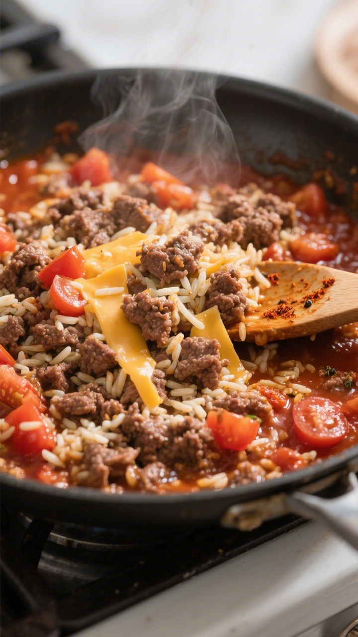 Cooking process close-up: A skillet scene of the cooked ground beef and rice filling just after simm