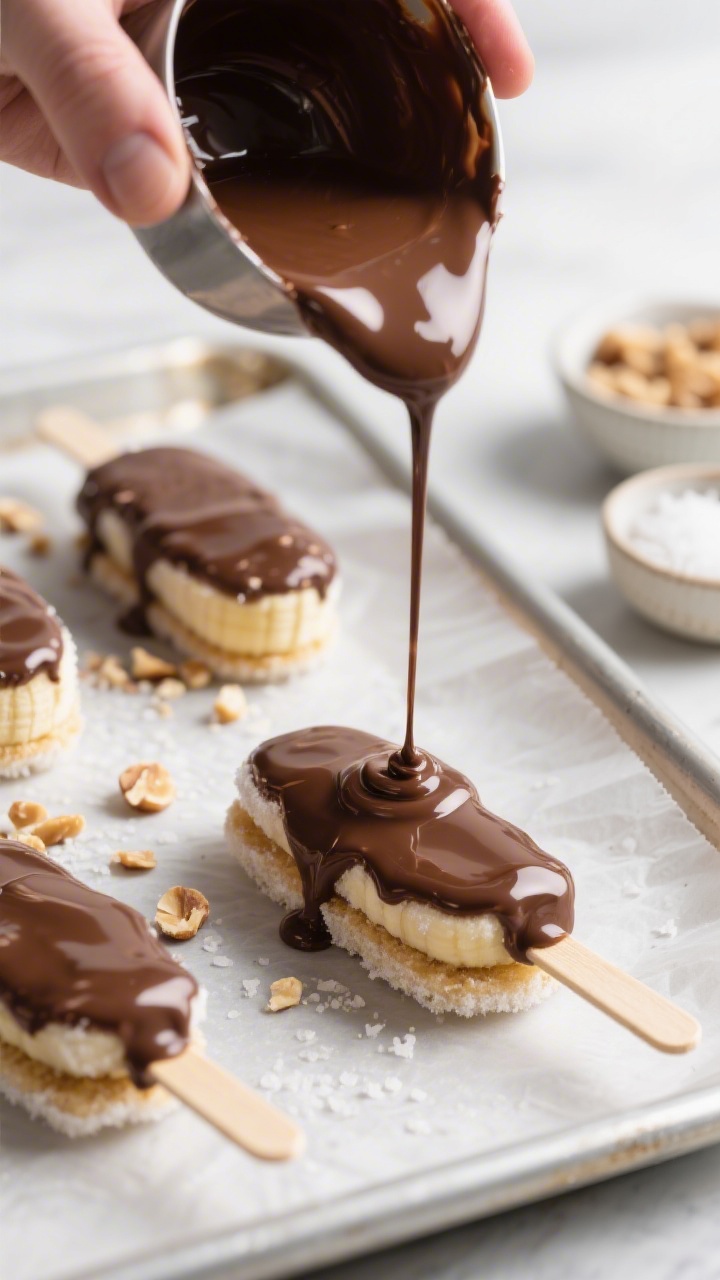 Nutella Peanut Butter Banana Pops – A Fun, No-Bake Treat 2 Cooking process, close-up detail: Frozen banana sandwich pops being dipped into glossy melted chocol