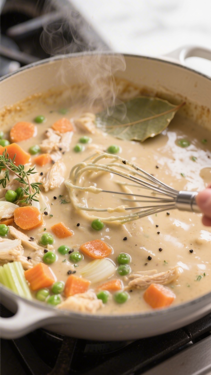 Cooking process close-up: In a wide, shallow Dutch oven, a silky, thickened chicken pot pie gravy si