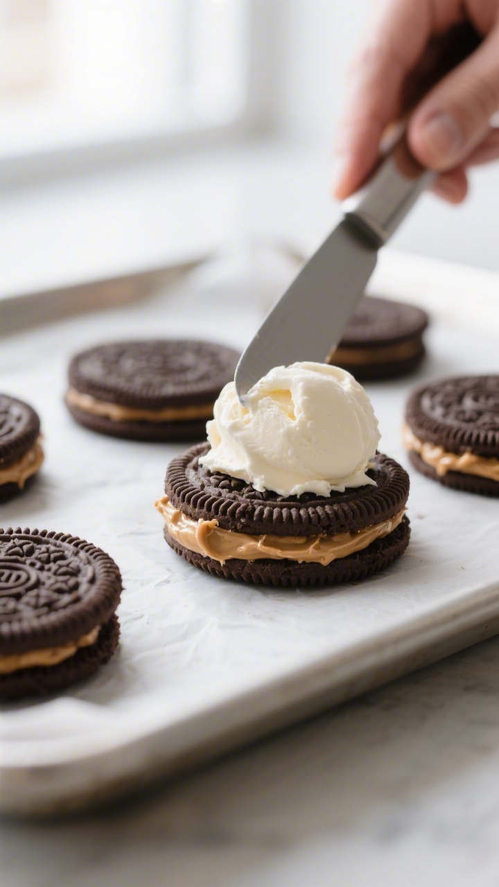 Peanut Butter Oreo Ice Cream Sandwiches - A Fun, No-Fuss Treat 2 Cooking process close-up: Oreo ice cream sandwiches being assembled on a parchment-lined baking shee