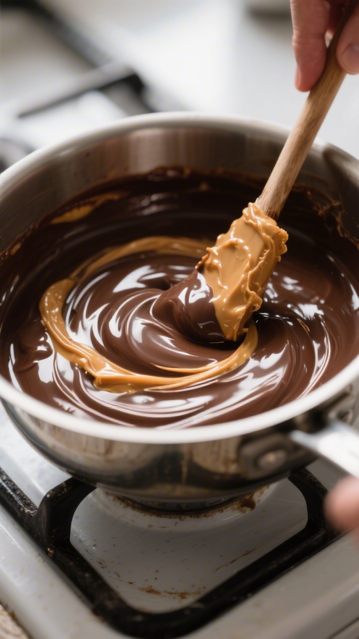 Cooking process close-up: Silky peanut butter chocolate fudge mixture being stirred off heat in a me